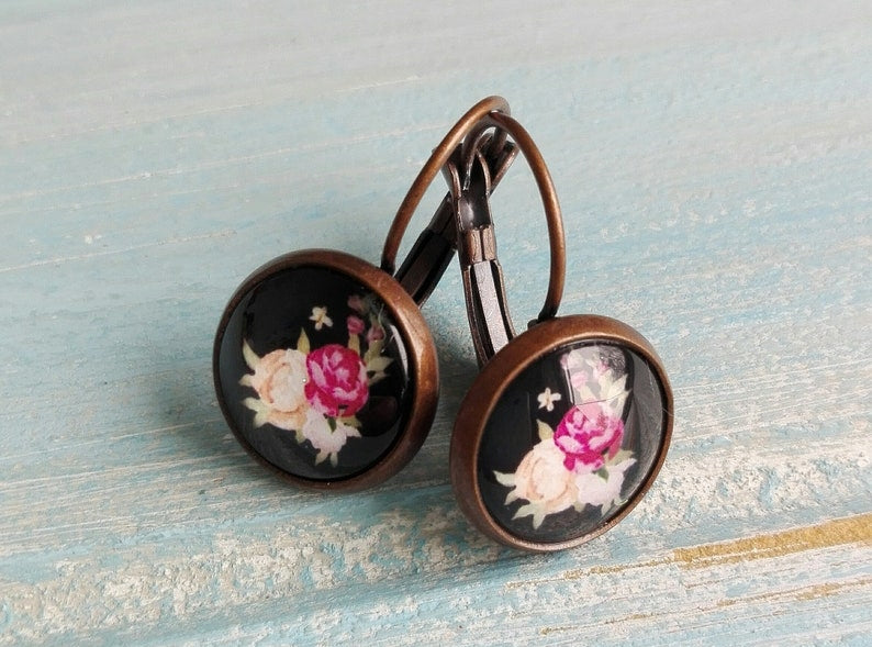 Floral Rose Earrings/Black Floral Earrings/Dangle Earrings/Floral Earrings/Glass Dome Earrings/ Flower Earrings/Bridesmaids Gifts