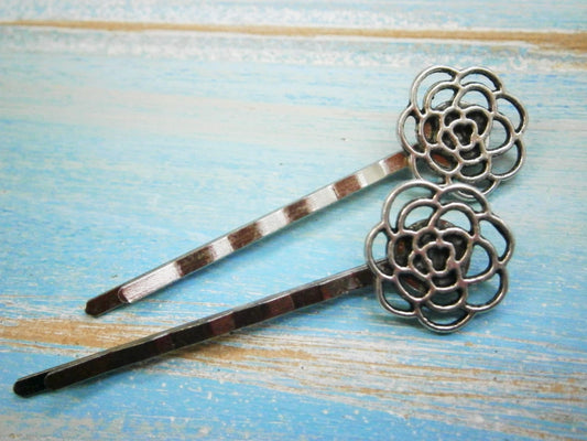 Antique Silver Plated Set of 2 Filigree Flower Bobby Pins, Flower Hair Clips, Boho Hair Clips, Rustic Wedding Hair, Wedding Hair Accessories