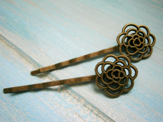 Antique Bronze Set of 2 Filigree Flower Bobby Pins, Flower Hair Clips, Boho Hair Clips, Rustic Wedding Hair, Wedding Hair Accessories