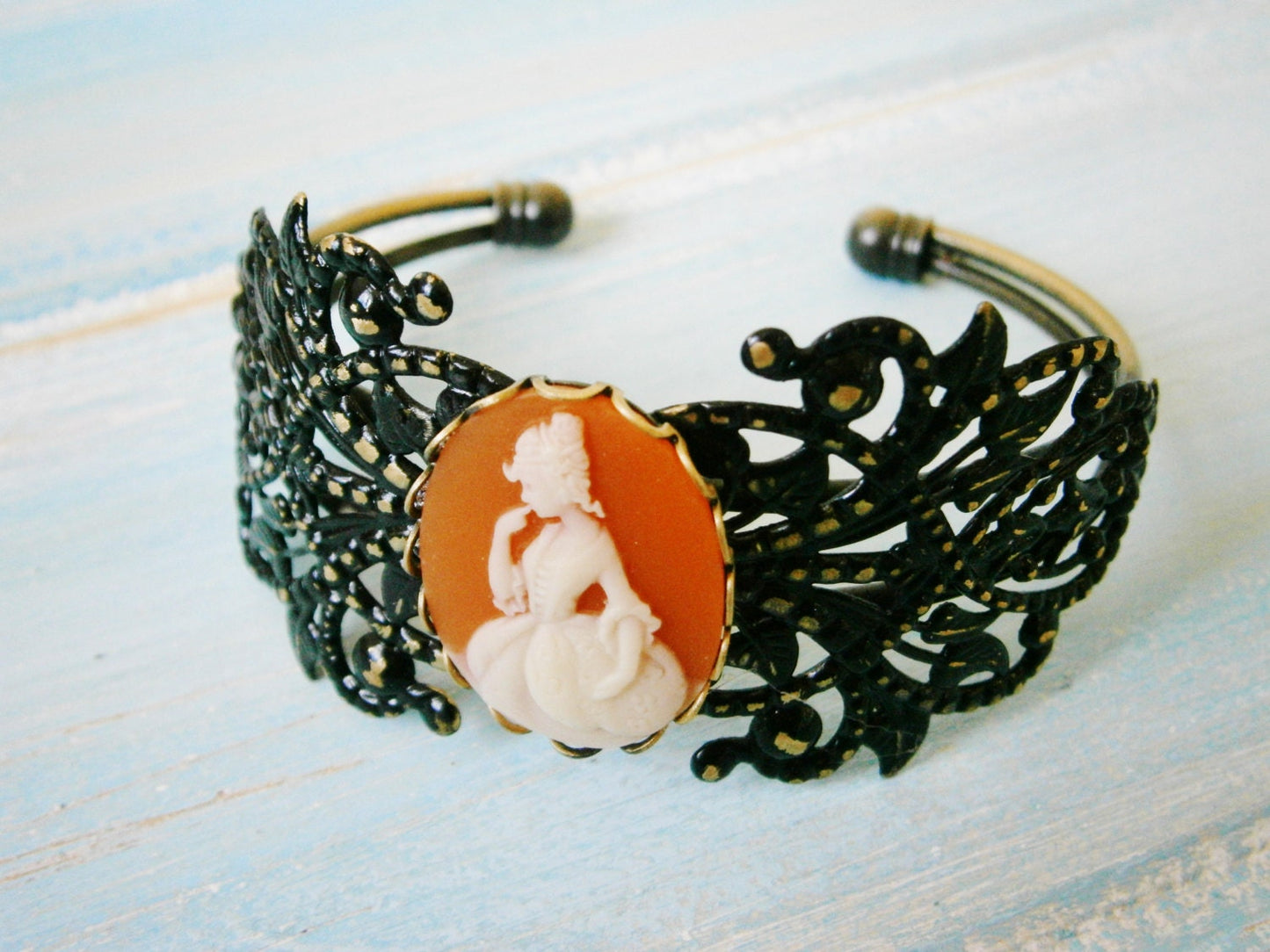 Black Patina Floral Antique Bronze Filigree Cuff Bracelet with Carnelia & White Victorian Lady Cameo/Cameo Cuff/Bridesmaid Bracelet