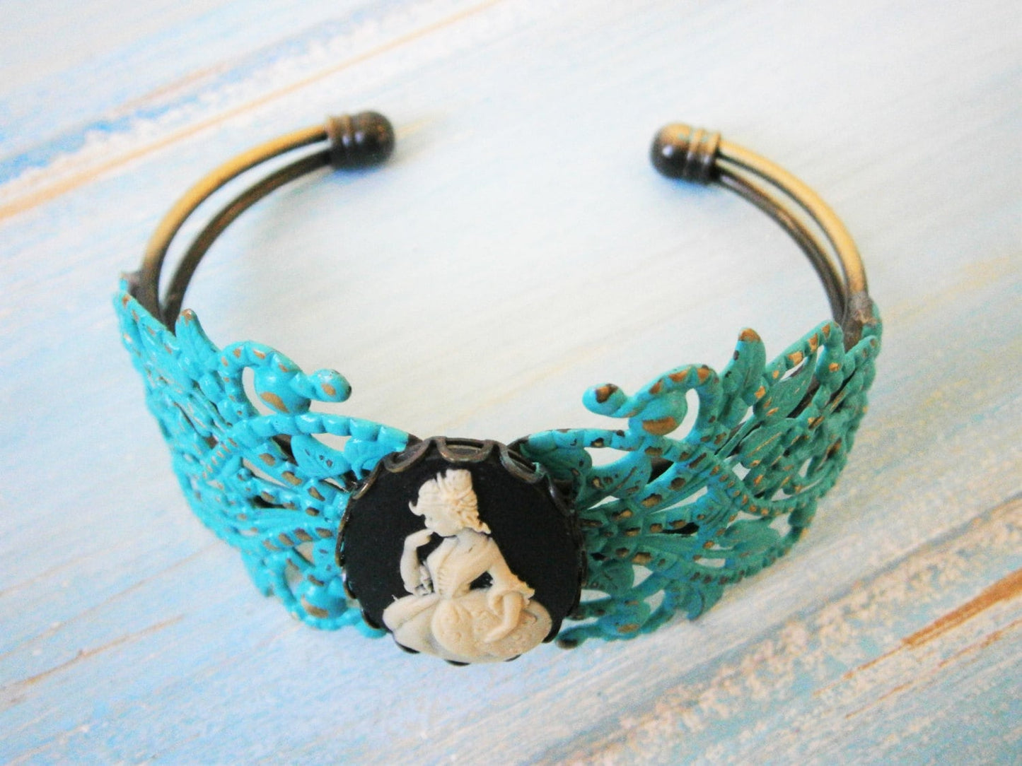 Turquoise Patina Floral Antique Bronze Filigree Cuff Bracelet with Black & White Victorian Lady Cameo/Cameo Cuff/Bridesmaid Bracelet