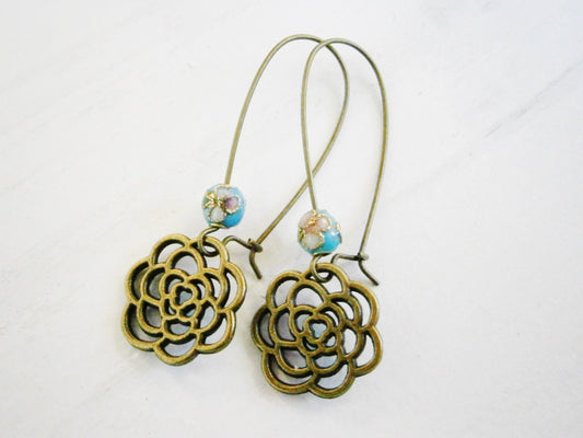 Blue Round Cloisonne Bead with Antique Bronze Filigree Flower On Long Antique Bronze Kidney Wire Earring Hooks/Dangle Earrings/Boho Jewelry