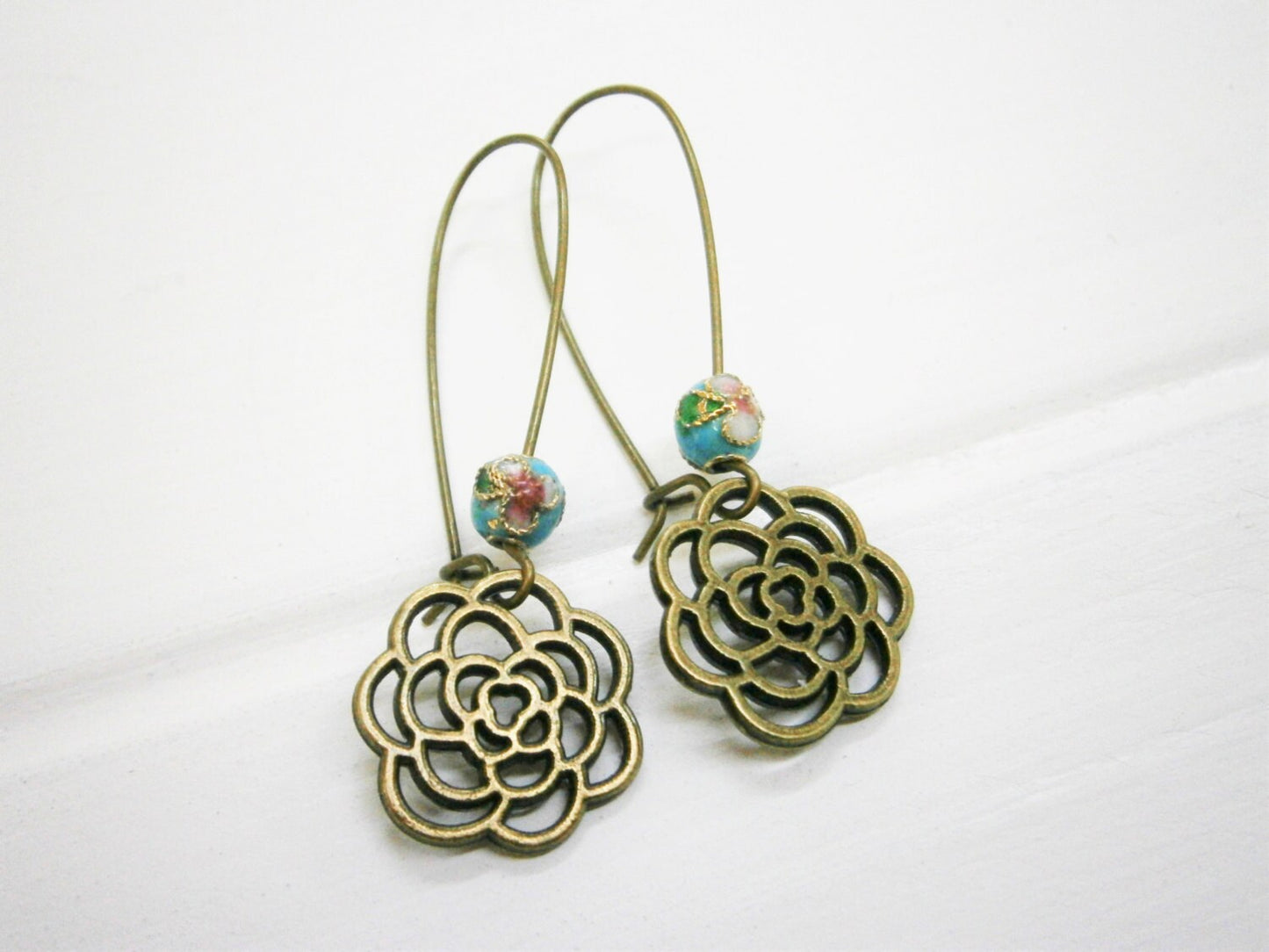 Blue Round Cloisonne Bead with Antique Bronze Filigree Flower On Long Antique Bronze Kidney Wire Earring Hooks/Dangle Earrings/Boho Jewelry