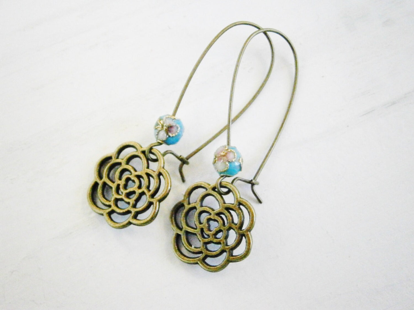 Blue Round Cloisonne Bead with Antique Bronze Filigree Flower On Long Antique Bronze Kidney Wire Earring Hooks/Dangle Earrings/Boho Jewelry