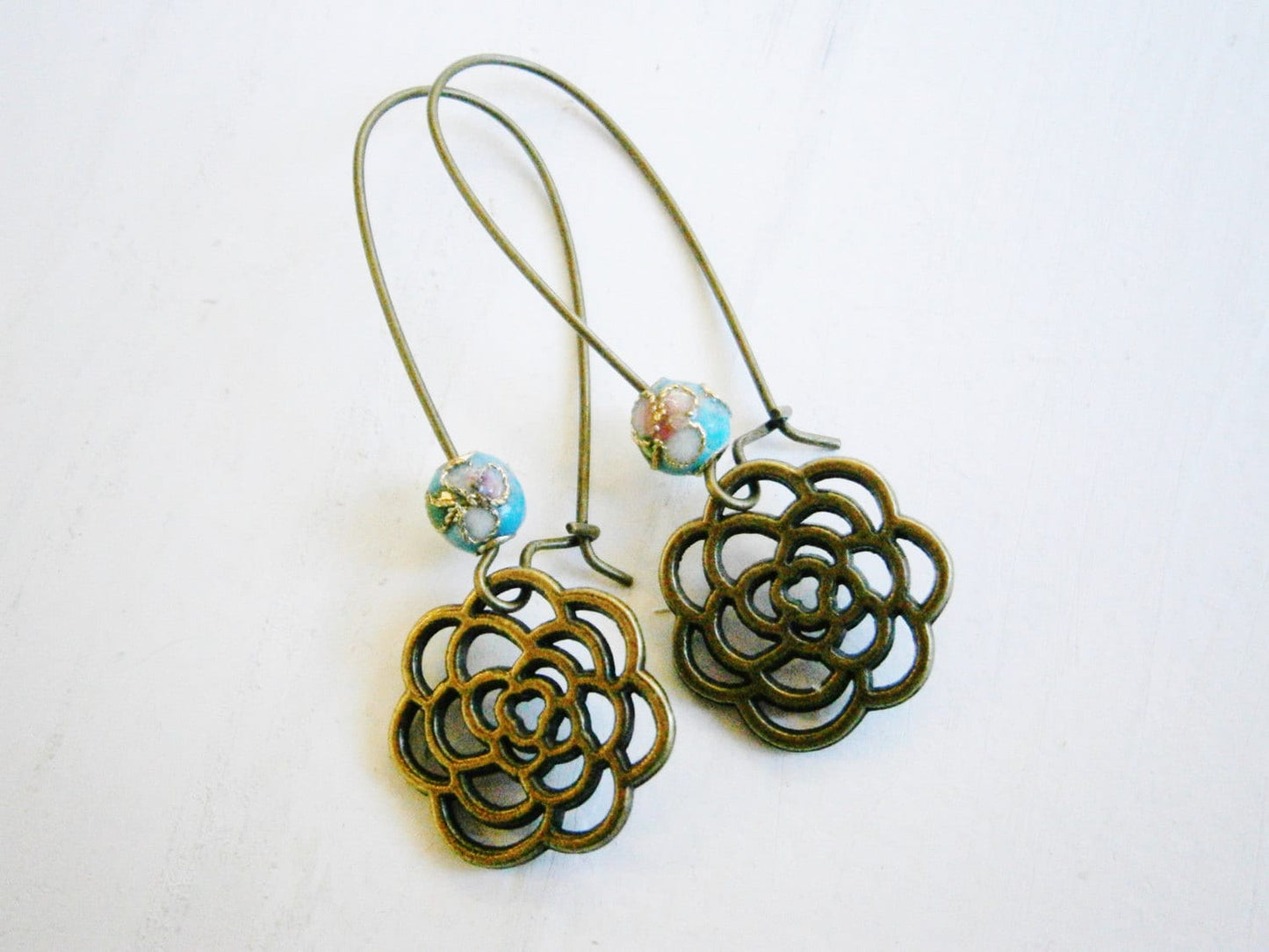 Blue Round Cloisonne Bead with Antique Bronze Filigree Flower On Long Antique Bronze Kidney Wire Earring Hooks/Dangle Earrings/Boho Jewelry