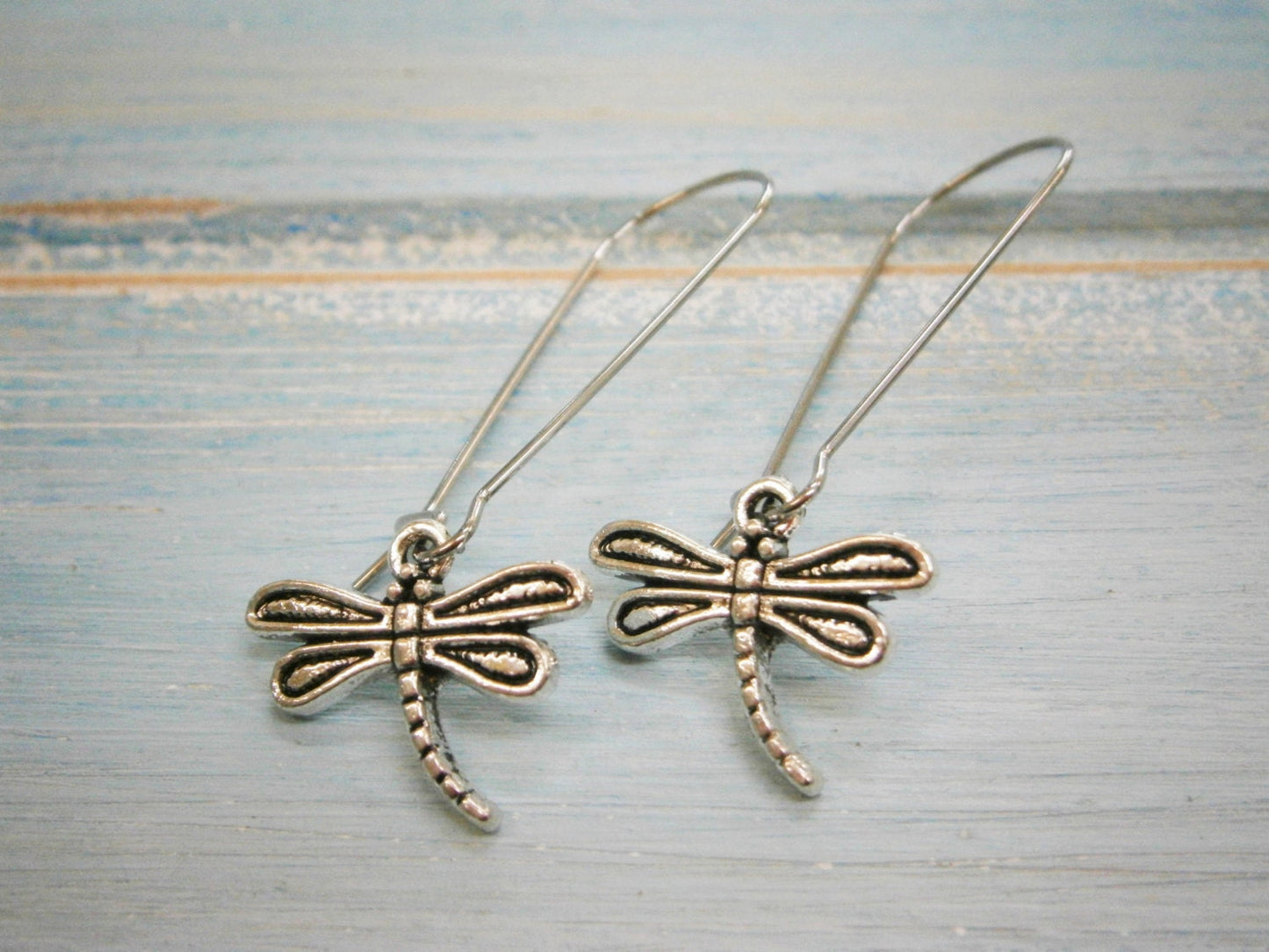 Antique Silver Dragonfly Charm Pendant On Stainless Steel Kidney Wire Earring Hooks/Dangle Earrings.