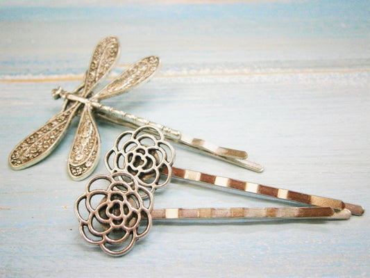 Antique Silver Plated Dragonfly & Filigree Flower Bobby Pin Set, Boho Hair Clip, Boho Hair Accessories, Wedding Hair Accessories, Hair Clips