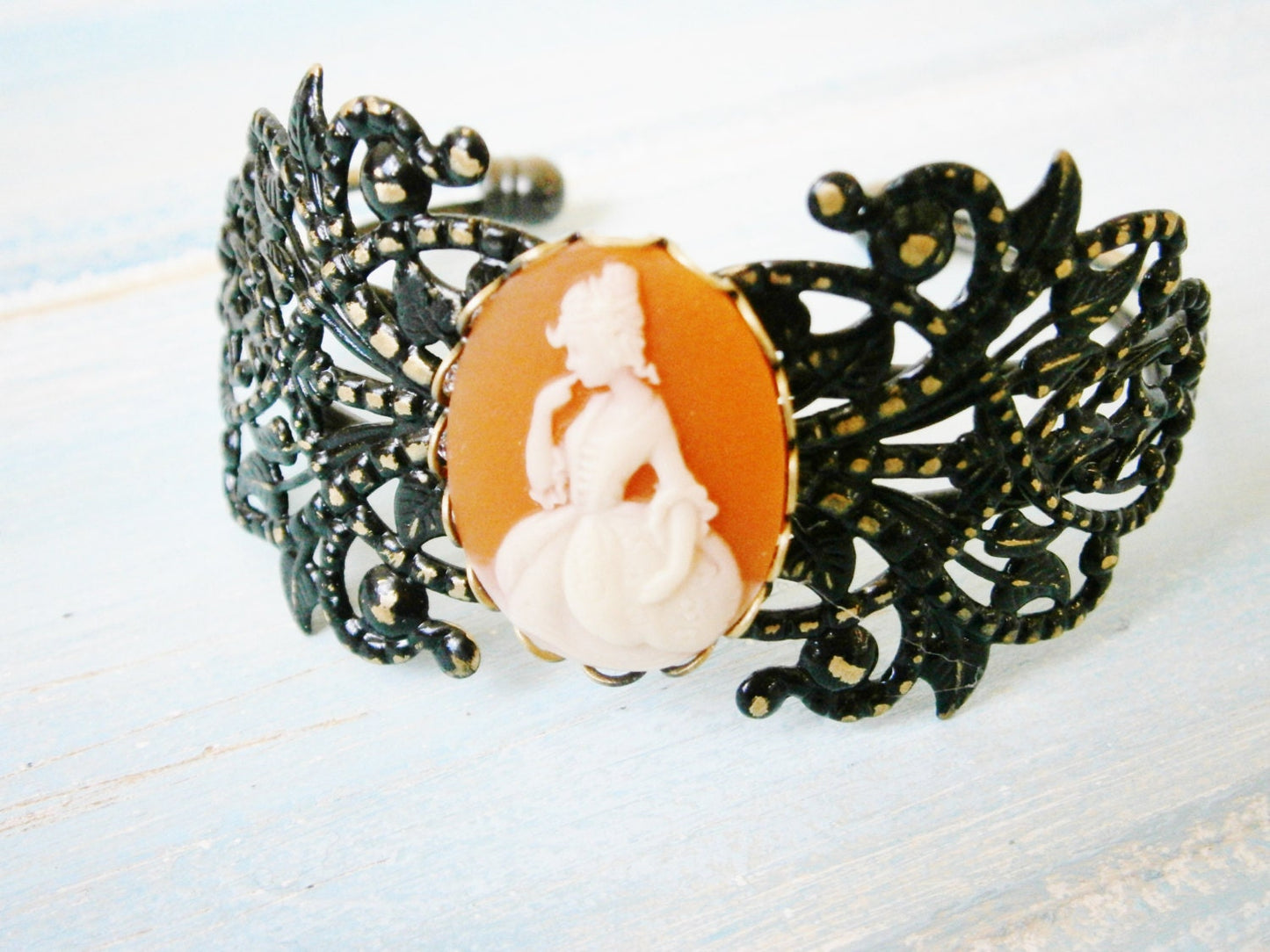 Black Patina Floral Antique Bronze Filigree Cuff Bracelet with Carnelia & White Victorian Lady Cameo/Cameo Cuff/Bridesmaid Bracelet