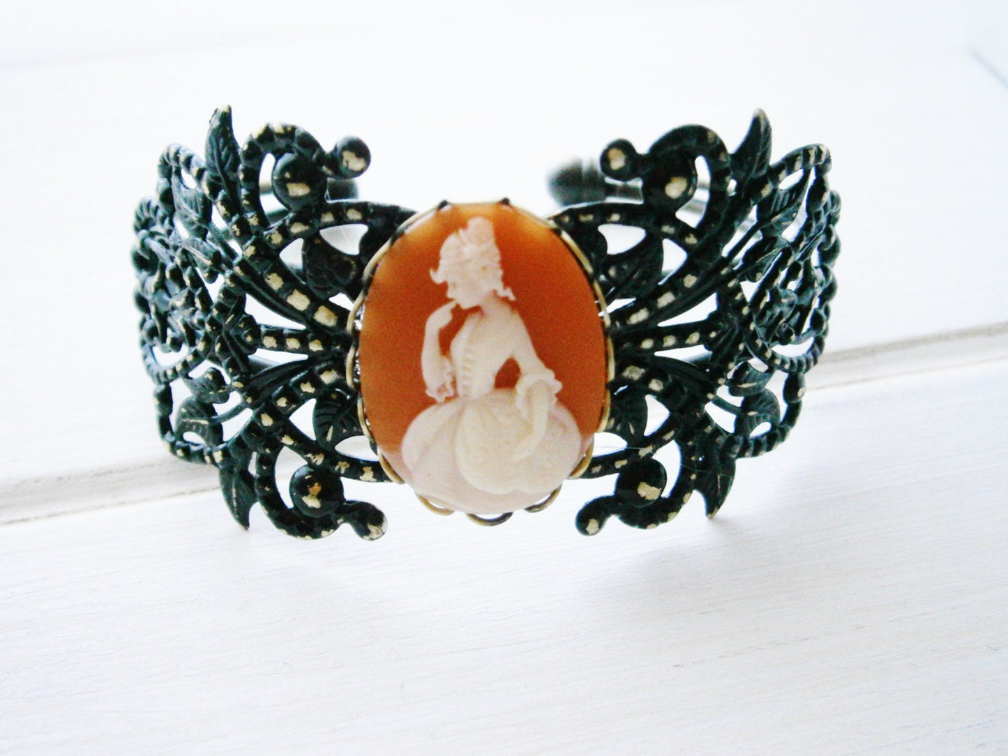 Black Patina Floral Antique Bronze Filigree Cuff Bracelet with Carnelia & White Victorian Lady Cameo/Cameo Cuff/Bridesmaid Bracelet