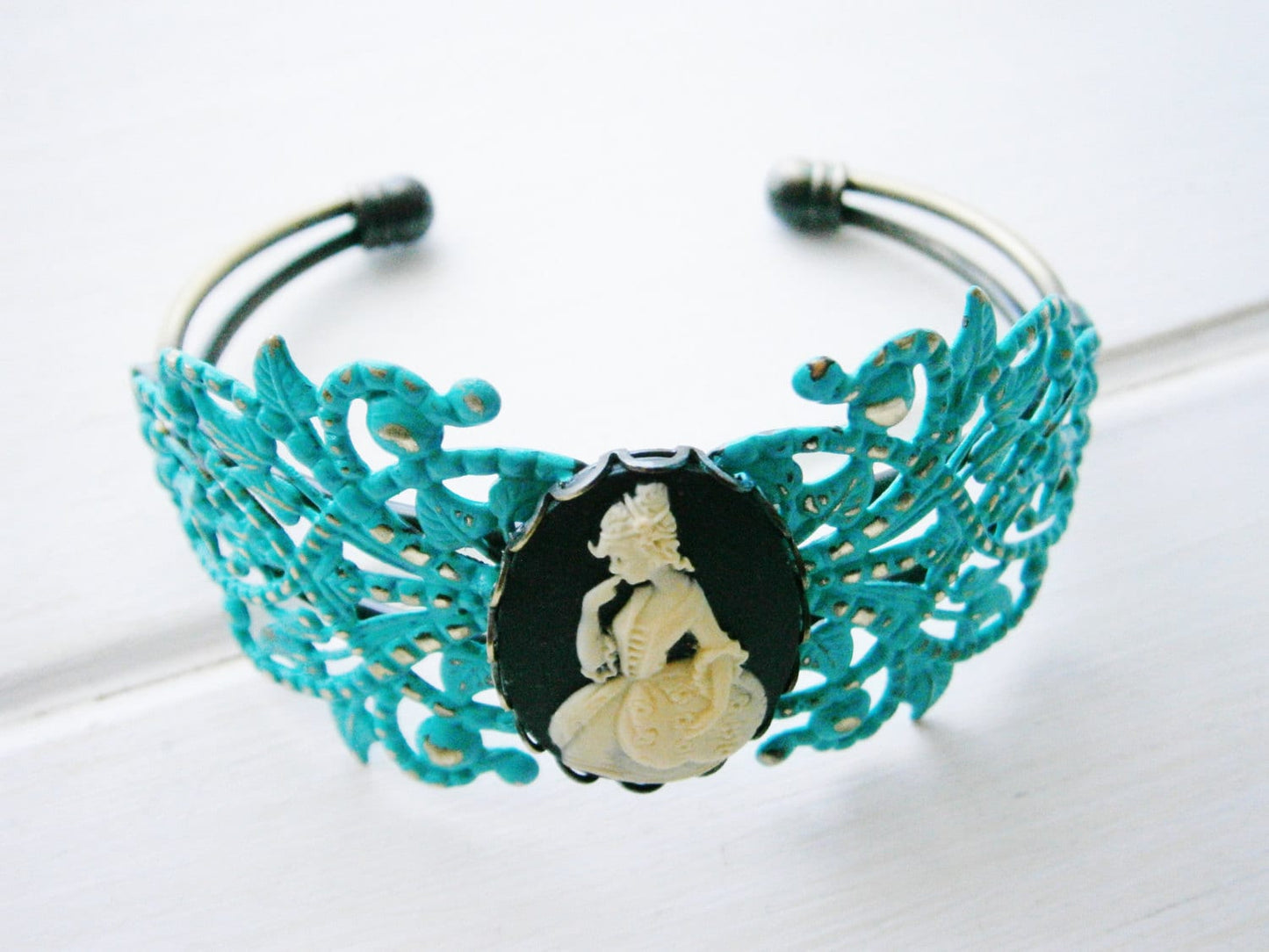 Turquoise Patina Floral Antique Bronze Filigree Cuff Bracelet with Black & White Victorian Lady Cameo/Cameo Cuff/Bridesmaid Bracelet