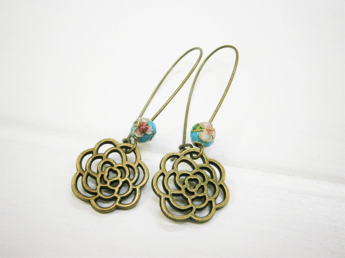 Blue Round Cloisonne Bead with Antique Bronze Filigree Flower On Long Antique Bronze Kidney Wire Earring Hooks/Dangle Earrings/Boho Jewelry