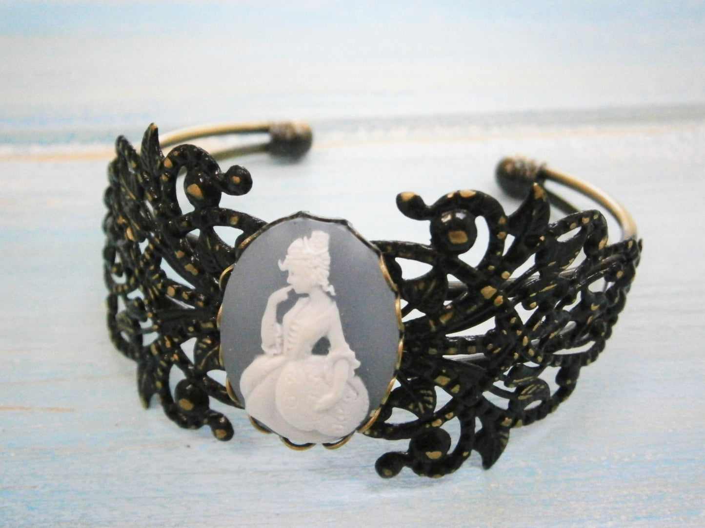 Black Patina Floral/Leaf Antique Bronze Filigree Cuff Bracelet with Greyish Blue & White Victorian Lady Cameo/Cameo Cuff/Bridesmaid Bracelet