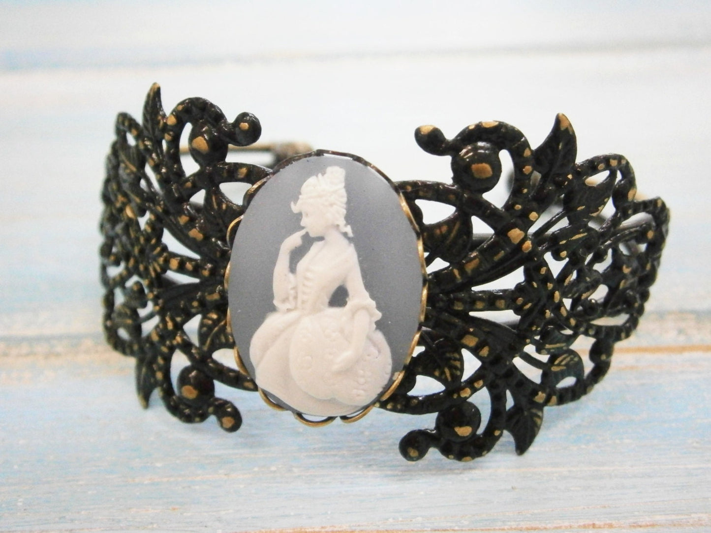 Black Patina Floral/Leaf Antique Bronze Filigree Cuff Bracelet with Greyish Blue & White Victorian Lady Cameo/Cameo Cuff/Bridesmaid Bracelet