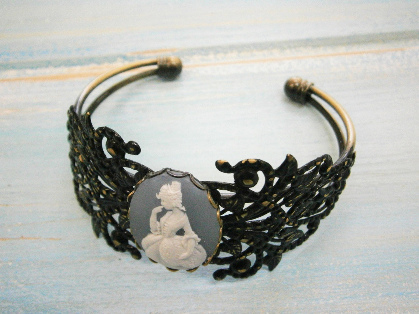 Black Patina Floral/Leaf Antique Bronze Filigree Cuff Bracelet with Greyish Blue & White Victorian Lady Cameo/Cameo Cuff/Bridesmaid Bracelet