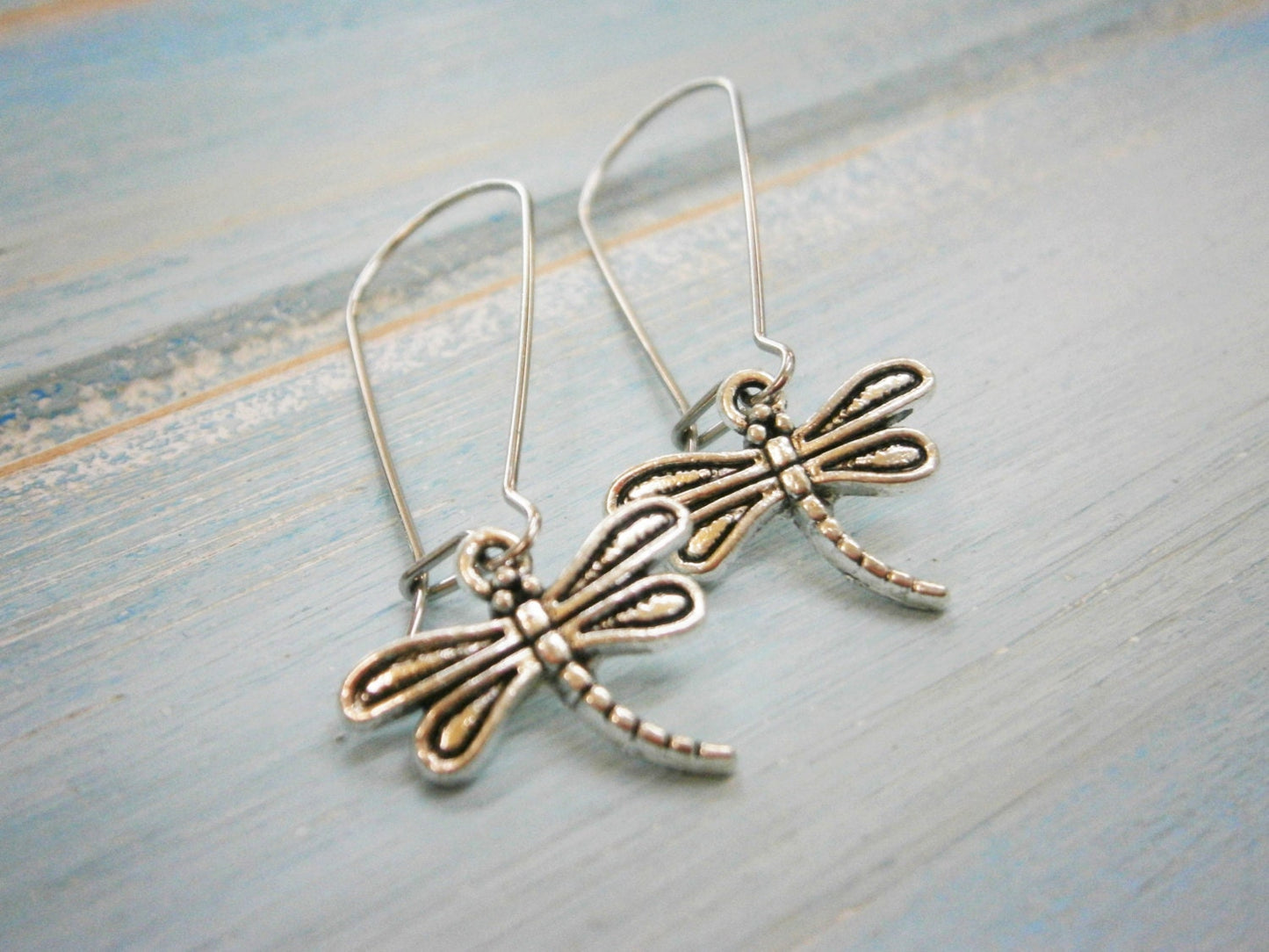 Antique Silver Dragonfly Charm Pendant On Stainless Steel Kidney Wire Earring Hooks/Dangle Earrings.