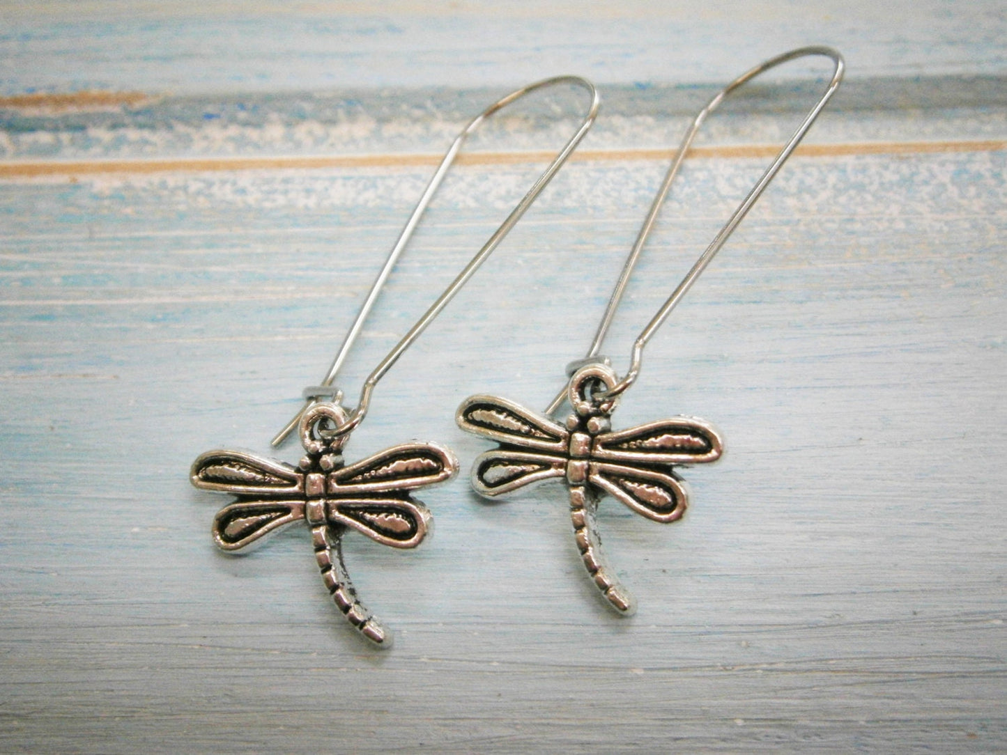 Antique Silver Dragonfly Charm Pendant On Stainless Steel Kidney Wire Earring Hooks/Dangle Earrings.