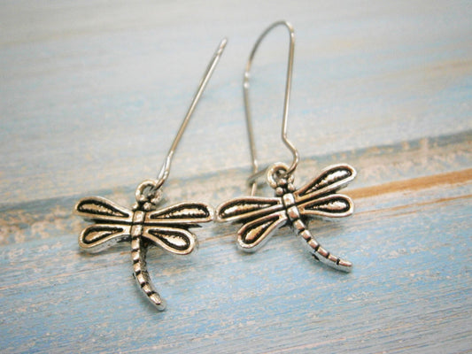 Antique Silver Dragonfly Charm Pendant On Stainless Steel Kidney Wire Earring Hooks/Dangle Earrings/Boho Jewelry/Bridesmaid Gift.