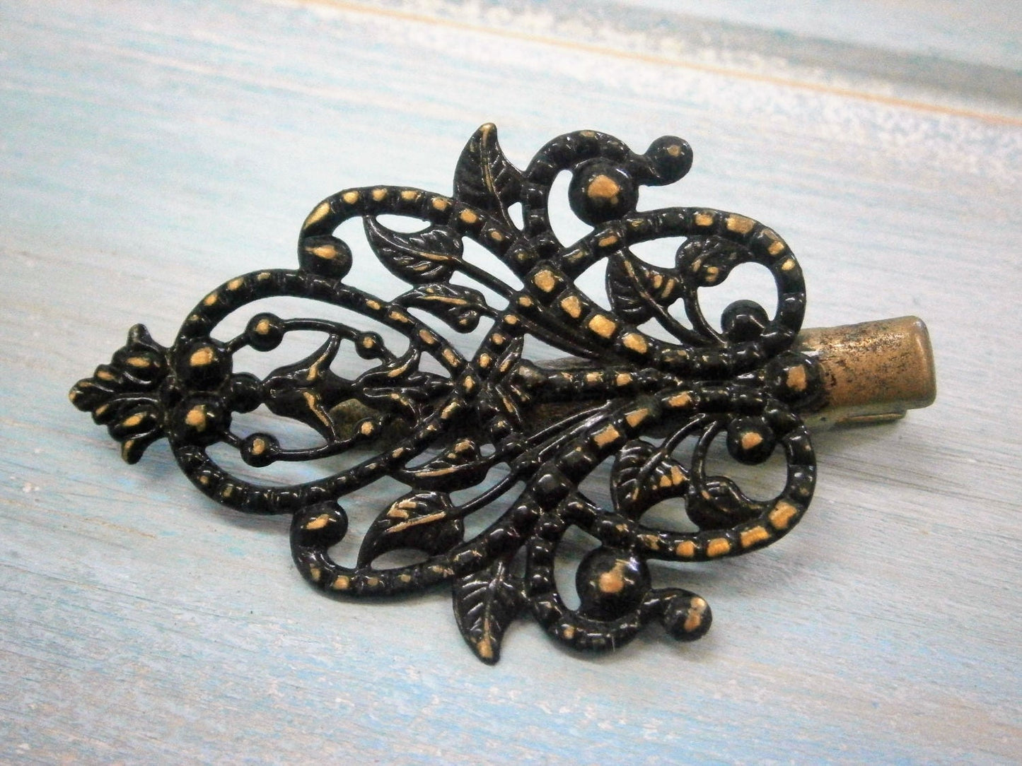 Black Hand Painted Patina Antique Bronze Scroll & Leaf Lace Filigree Shabby Chic Alligator Hair Clip/Boho Hair Clip/Rustic Hair Clip.