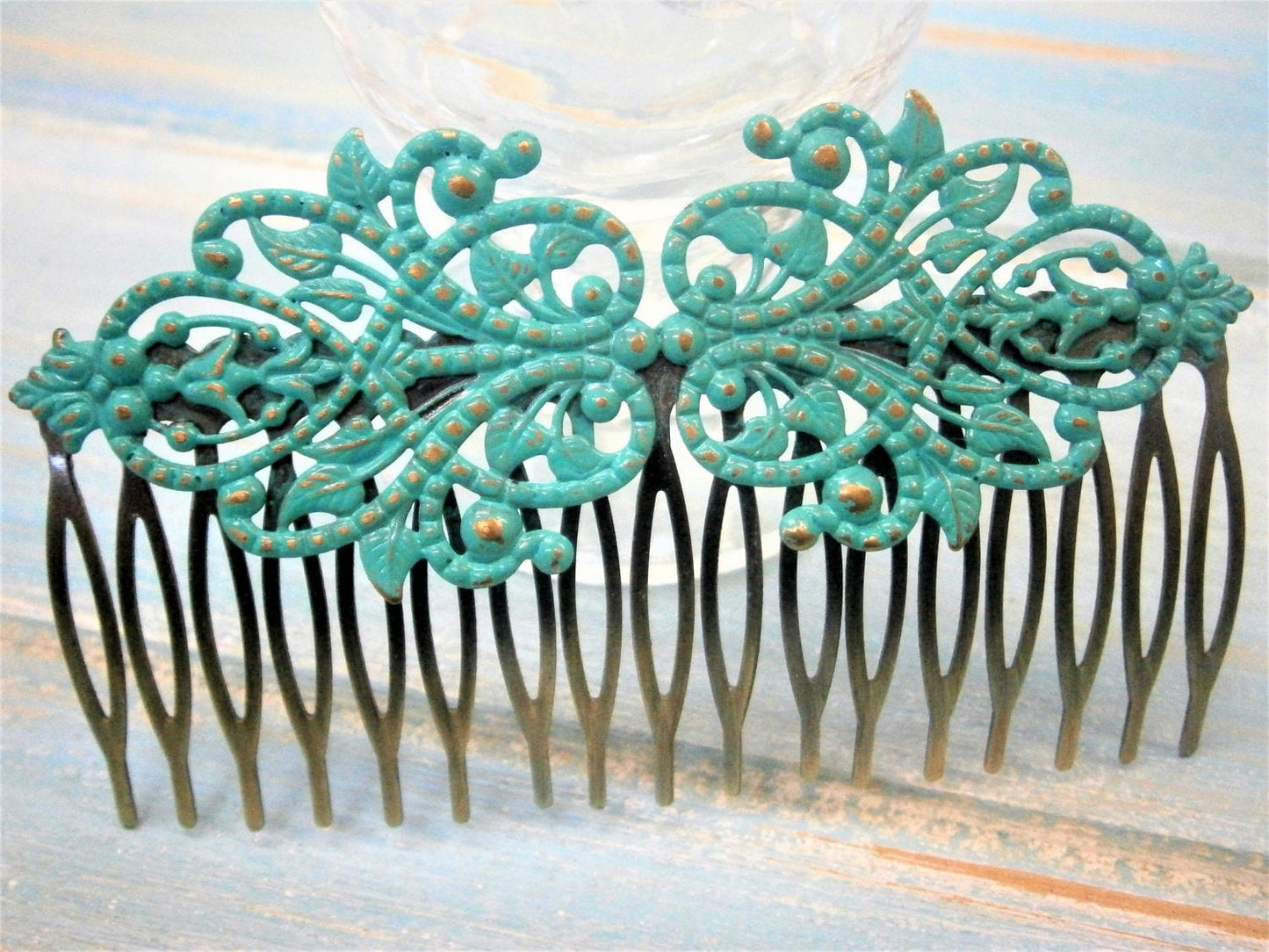 Large Turquoise/Verdigris Patina Filigree Lace Hair Comb - Vintage Inspired/Shabby Chic/Bohemian/Bridesmaids Gifts/Bridal Hair Accessory