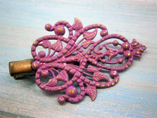 Purple Hand Painted Patina Antique Bronze Scroll & Leaf Filigree Shabby Chic Alligator Hair Clip/Boho Hair Clip/Hair Clip.