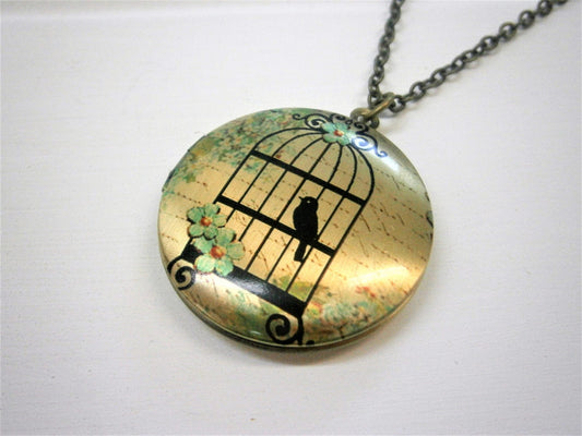 Vintage Style Picture Locket Necklace/Antique Bronze Locket with detailed Photo of a Bird in a Vintage Style Cage/Long Necklace.