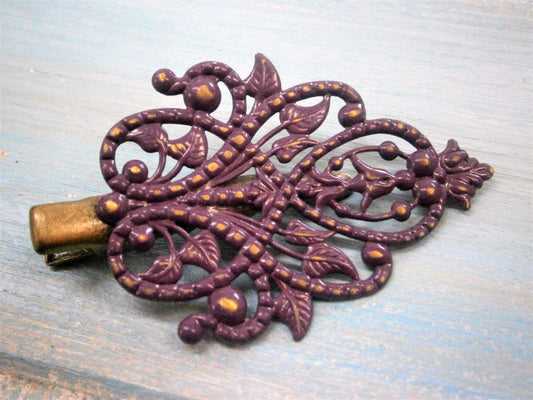 Aubergine/Dark Purple Hand Painted Patina Antique Bronze Scroll & Leaf Filigree Shabby Chic Alligator Hair Clip/Boho Hair Clip/Hair Clip.