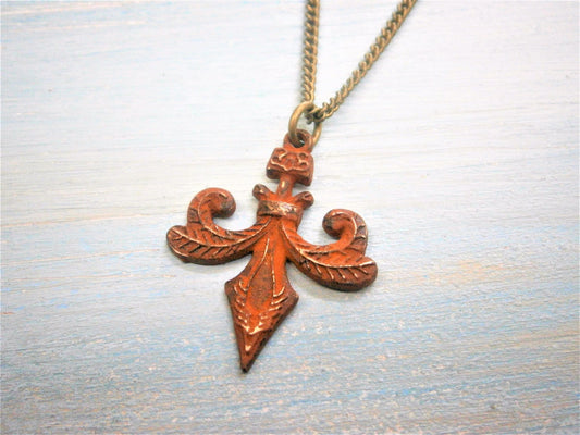 Fleur De Lis Patina Necklace/Rust Patina Fleur De Lis Long Necklace/Long Necklace/Steampunk Necklace/Layering Necklace/Boho Jewelry.