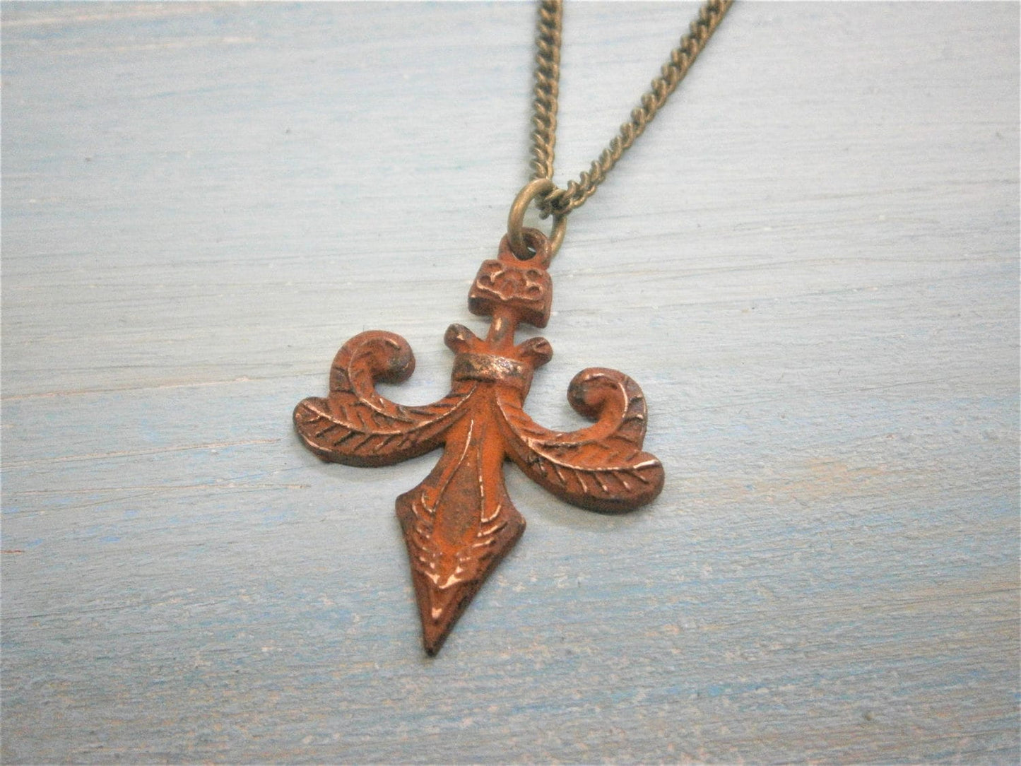 Fleur De Lis Patina Necklace/Rust Patina Fleur De Lis Long Necklace/Long Necklace/Steampunk Necklace/Layering Necklace/Boho Jewelry.