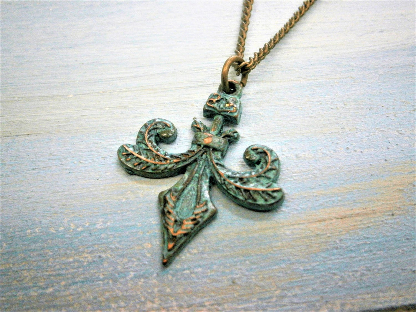 Verdigris/Turquoise Fleur De Lis Patina Necklace/Fleur De Lis Long Necklace/Long Necklace/Steampunk Necklace/Layering Necklace/Boho Jewelry.