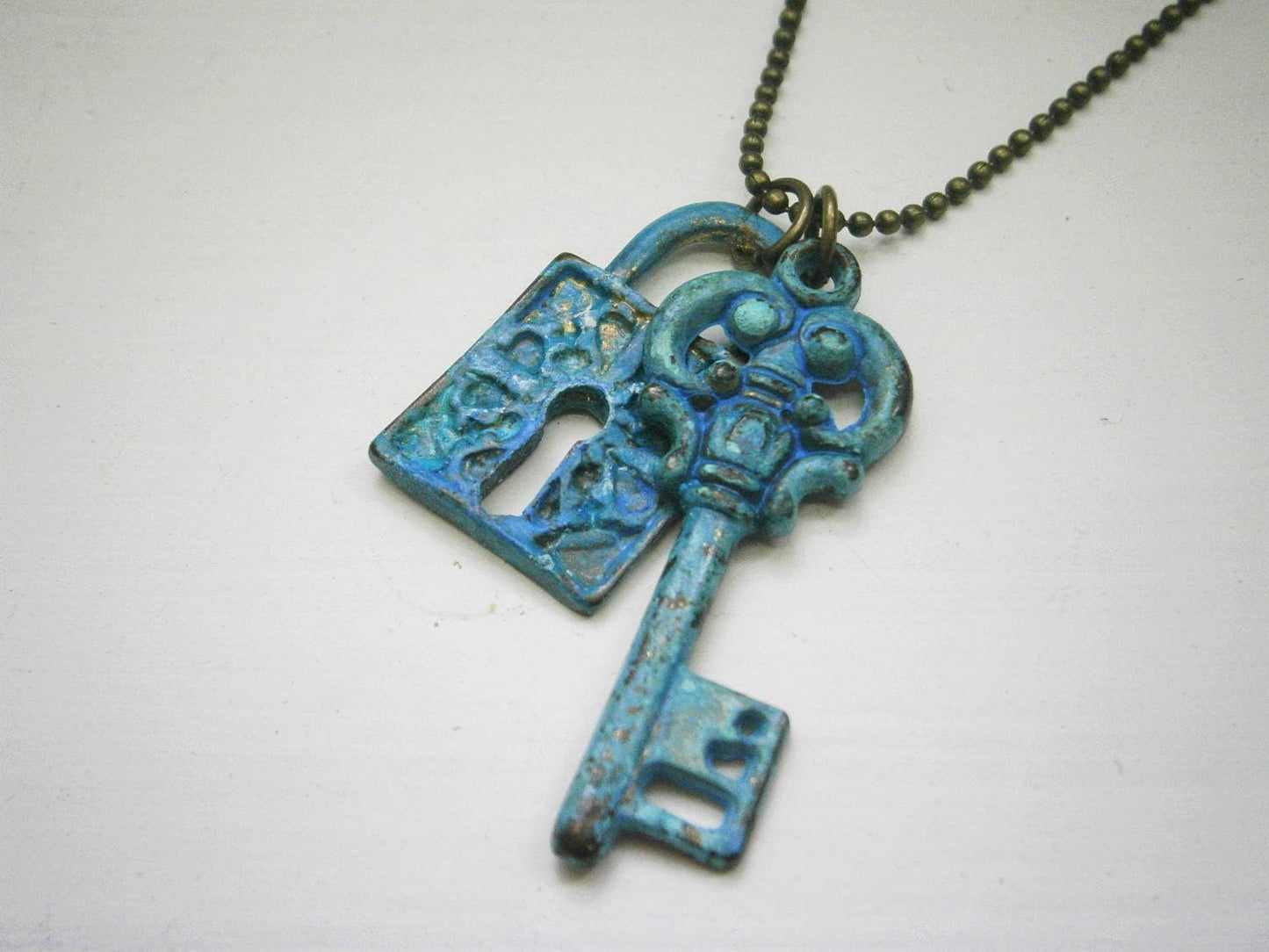 Blue Patina Key and Lock on Antique Bronze Ball Chain/Boho Necklace/Long Necklace/Layering Necklace/Patina Jewerly/Patina Necklace.