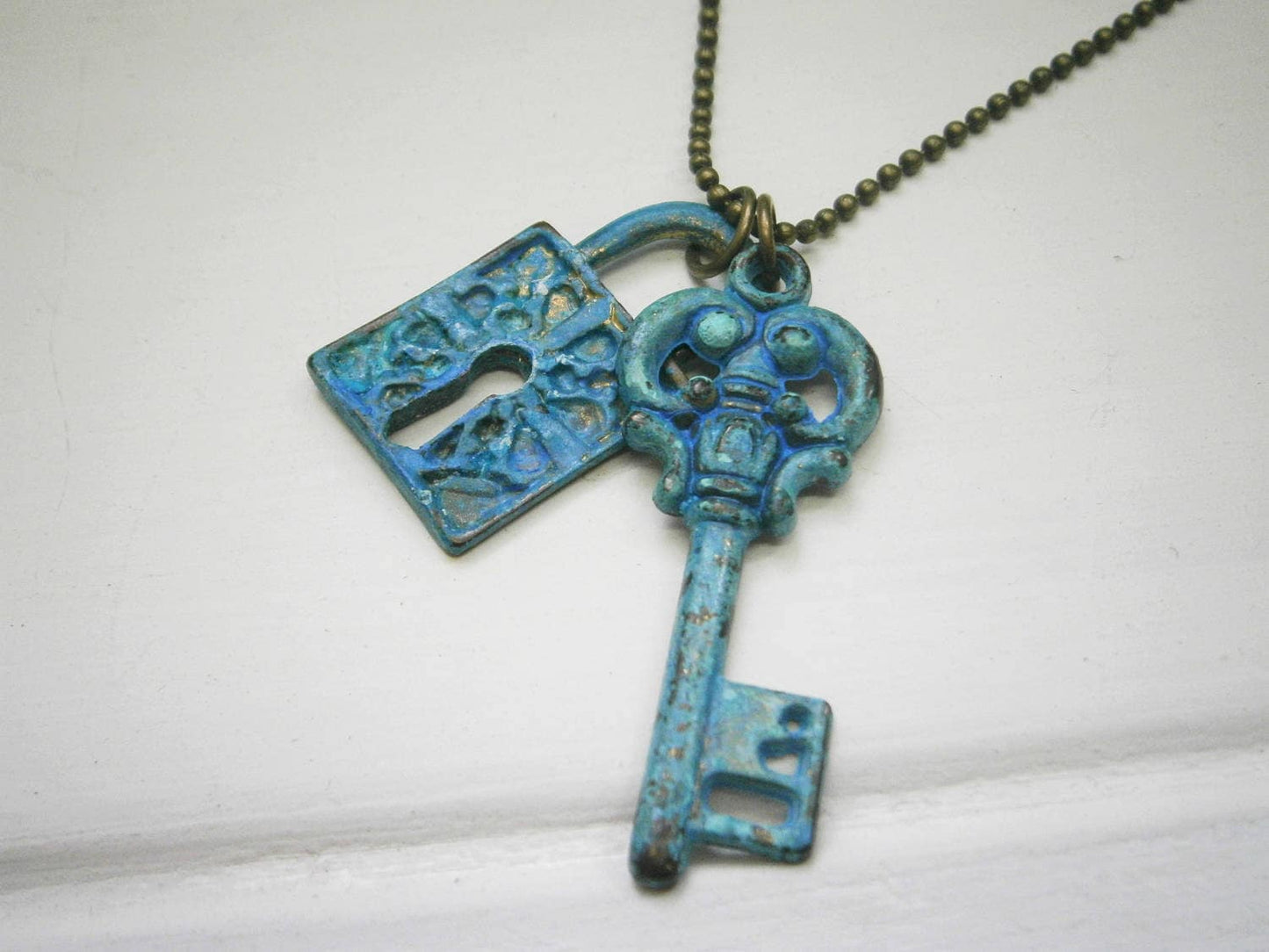 Blue Patina Key and Lock on Antique Bronze Ball Chain/Boho Necklace/Long Necklace/Layering Necklace/Patina Jewerly/Patina Necklace.