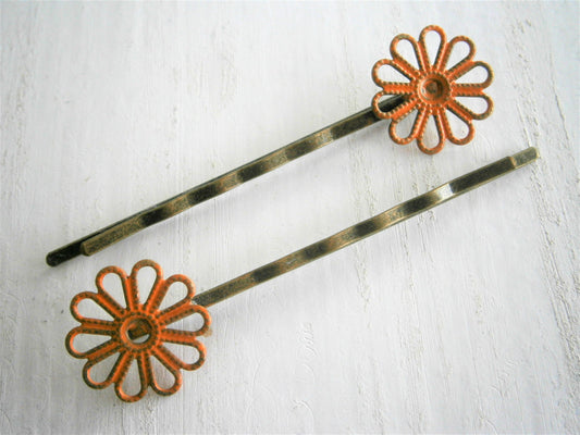 Orange Daisy Filigree Patina Antique Bronze Bobby Pins Set of Two/Hair Clips/Bohemian Hair Clips/Shabby Chic Hair Clips/Bobby Pins