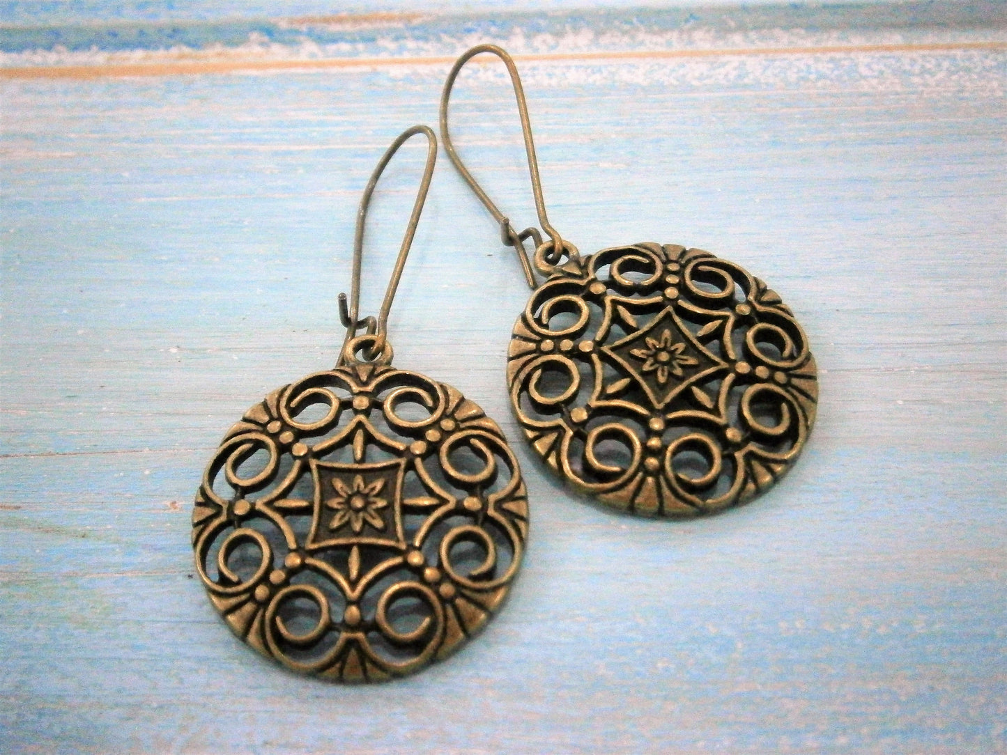 Antique Bronze Filigree Flower Charm on Antique Bronze Kidney Wire Earring Hooks/Dangle Earrings/Boho Earrings/Filigree Earrings