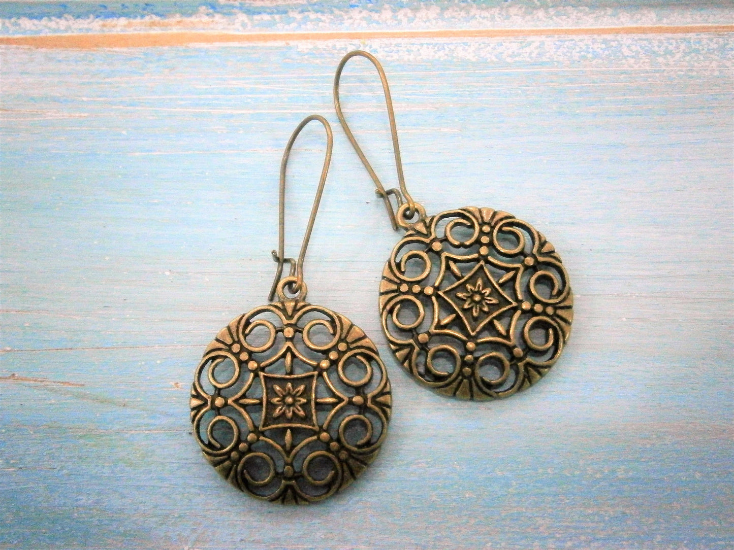 Antique Bronze Filigree Flower Charm on Antique Bronze Kidney Wire Earring Hooks/Dangle Earrings/Boho Earrings/Filigree Earrings