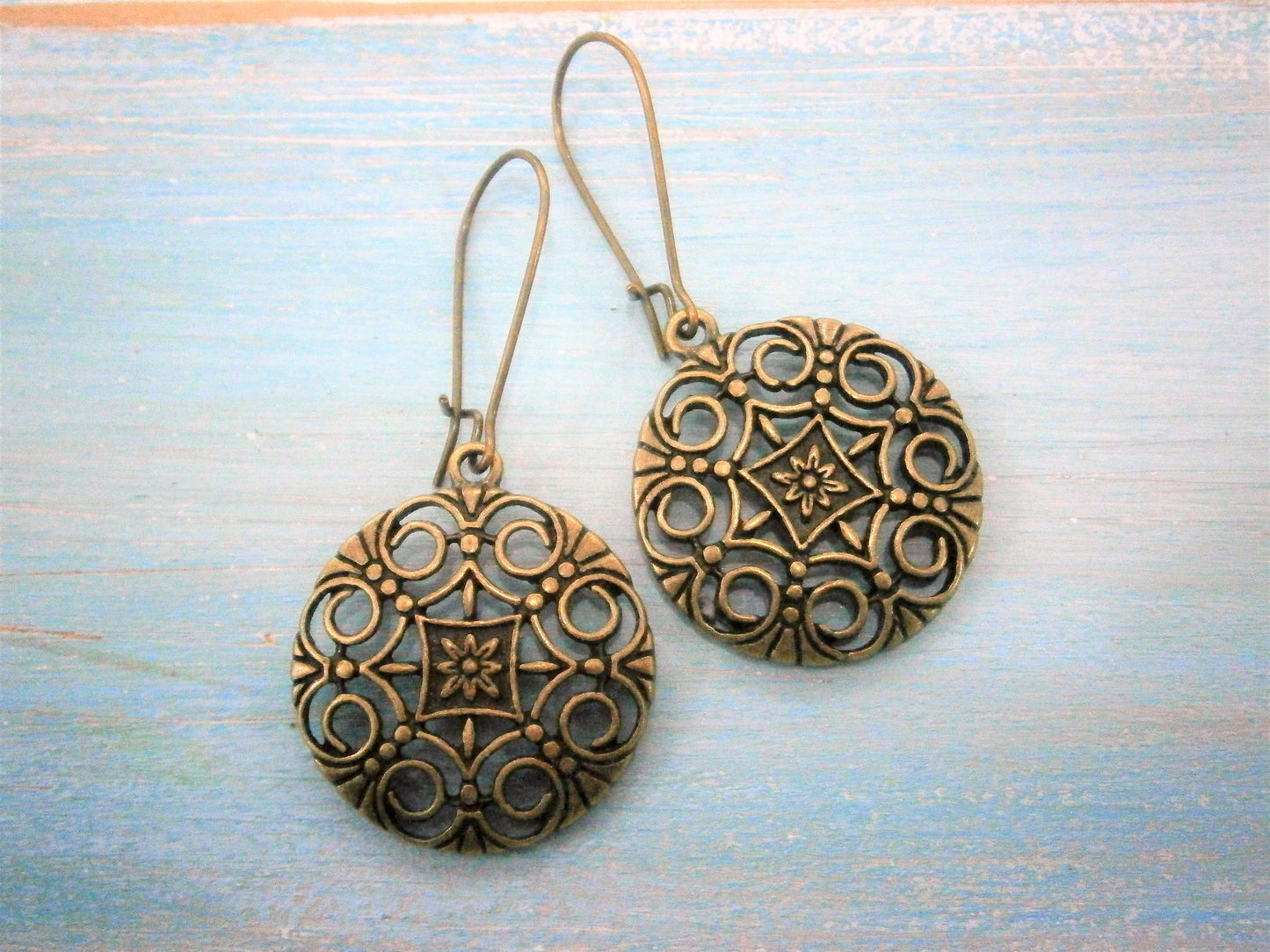 Antique Bronze Filigree Flower Charm on Antique Bronze Kidney Wire Earring Hooks/Dangle Earrings/Boho Earrings/Filigree Earrings