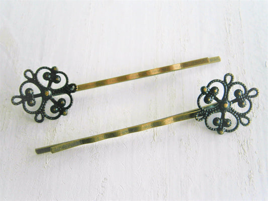 Black Filigree Patina Antique Bronze Bobby Pins Set of Two/Hair Clips/Bohemian Hair Clips/Shabby Chic Hair Clips/Bobby Pins