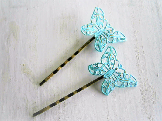 Mint Patina Filigree Butterfly Antique Bronze Bobby Pins Set of Two/Hair Clips/Bohemian Hair Clips/Shabby Chic Hair Clips/Rustic Wedding