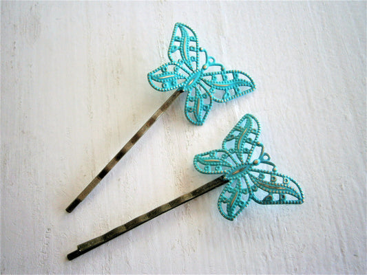 Verdigris/Turquoise Patina Filigree Butterfly Antique Bronze Bobby Pins Set of 2/Bohemian Hair Clips/Shabby Chic Hair Clips/Rustic Wedding