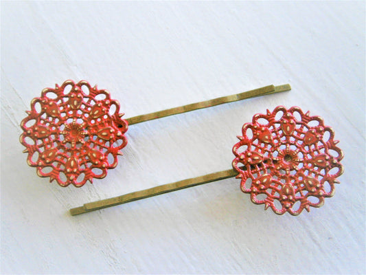 Red Filigree Patina Antique Bronze Bobby Pins Set of 2/Hair Clips/Bohemian Hair Clips/Shabby Chic Hair Clips/Bobby Pins/Rustic Wedding