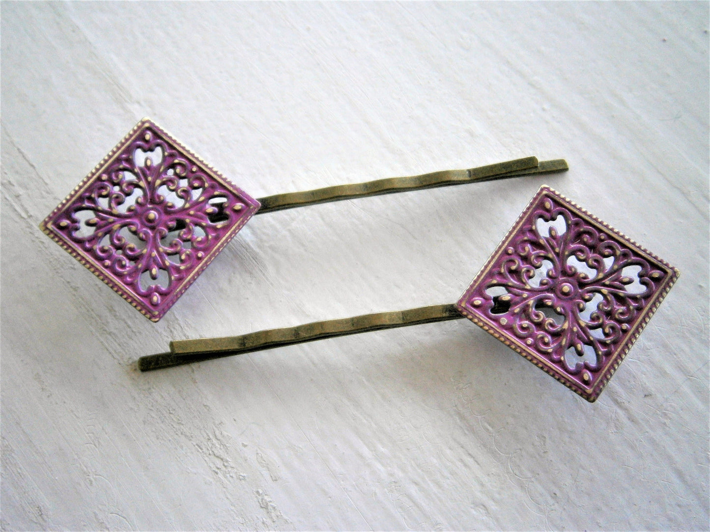 Purple Patina Filigree Antique Bronze Bobby Pins Set of 2/Hair Clips/Bohemian Hair Clip/Shabby Chic Hair Clips/Bobby Pins/Vintage Style