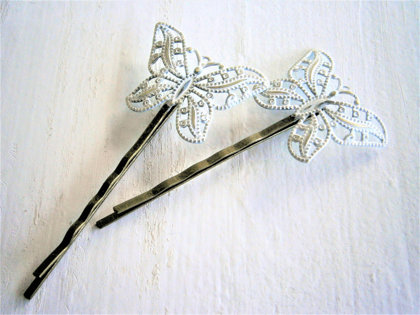 White Patina Filigree Butterfly Antique Bronze Bobby Pins Set of 2/Bohemian Hair Clips/Shabby Chic Hair Clips/Rustic Wedding