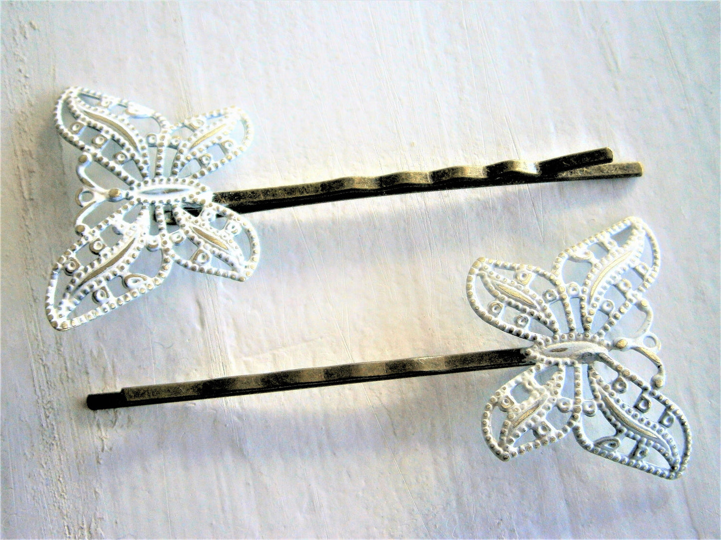 White Patina Filigree Butterfly Antique Bronze Bobby Pins Set of 2/Bohemian Hair Clips/Shabby Chic Hair Clips/Rustic Wedding