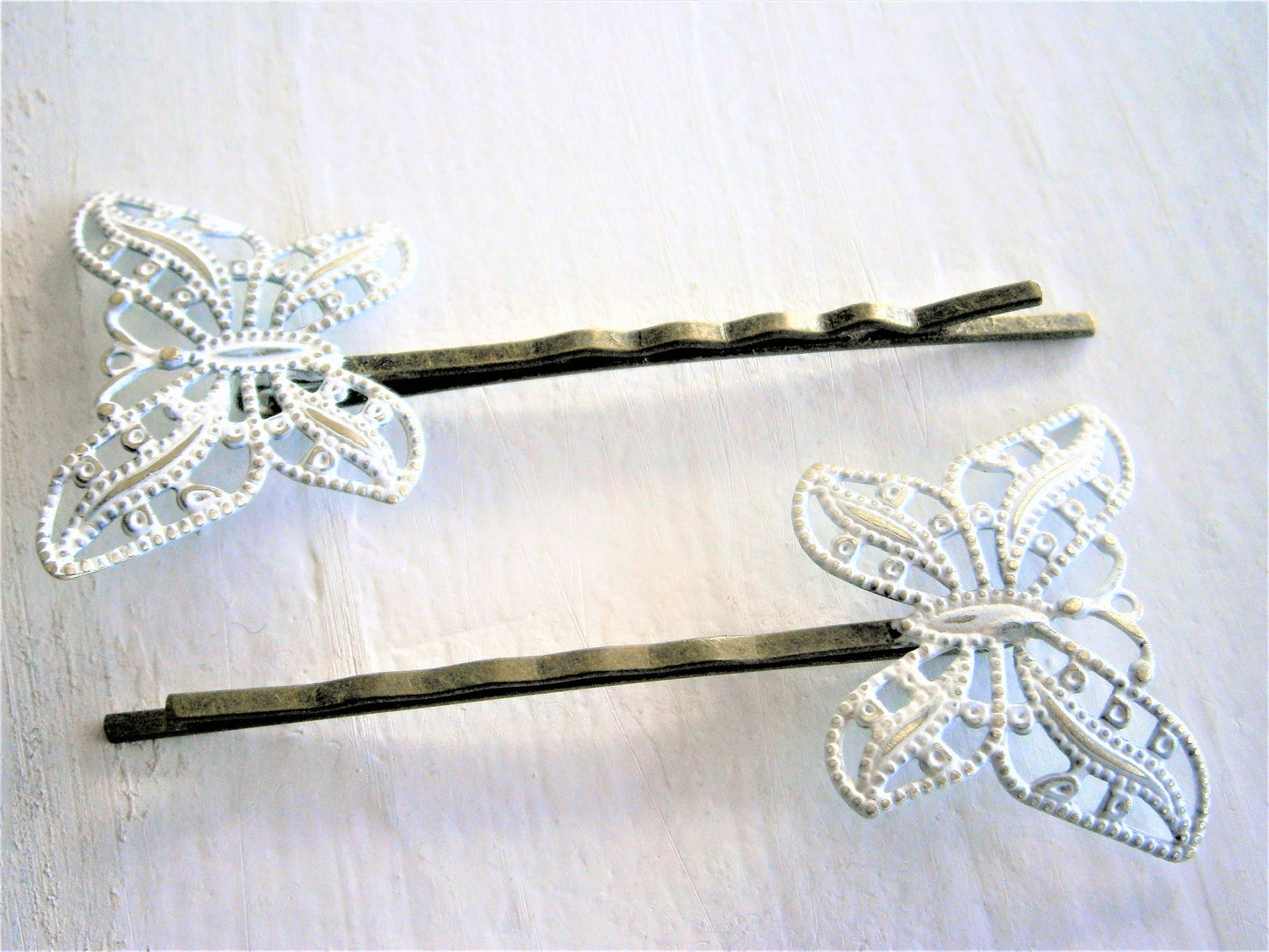 White Patina Filigree Butterfly Antique Bronze Bobby Pins Set of 2/Bohemian Hair Clips/Shabby Chic Hair Clips/Rustic Wedding