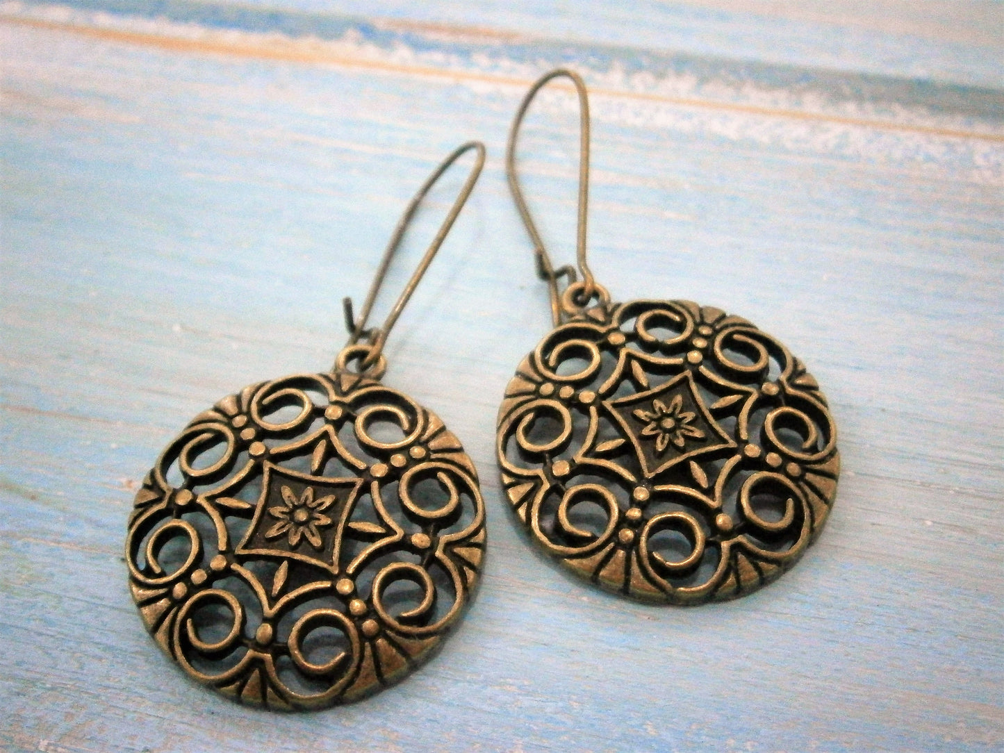 Antique Bronze Filigree Flower Charm on Antique Bronze Kidney Wire Earring Hooks/Dangle Earrings/Boho Earrings/Filigree Earrings