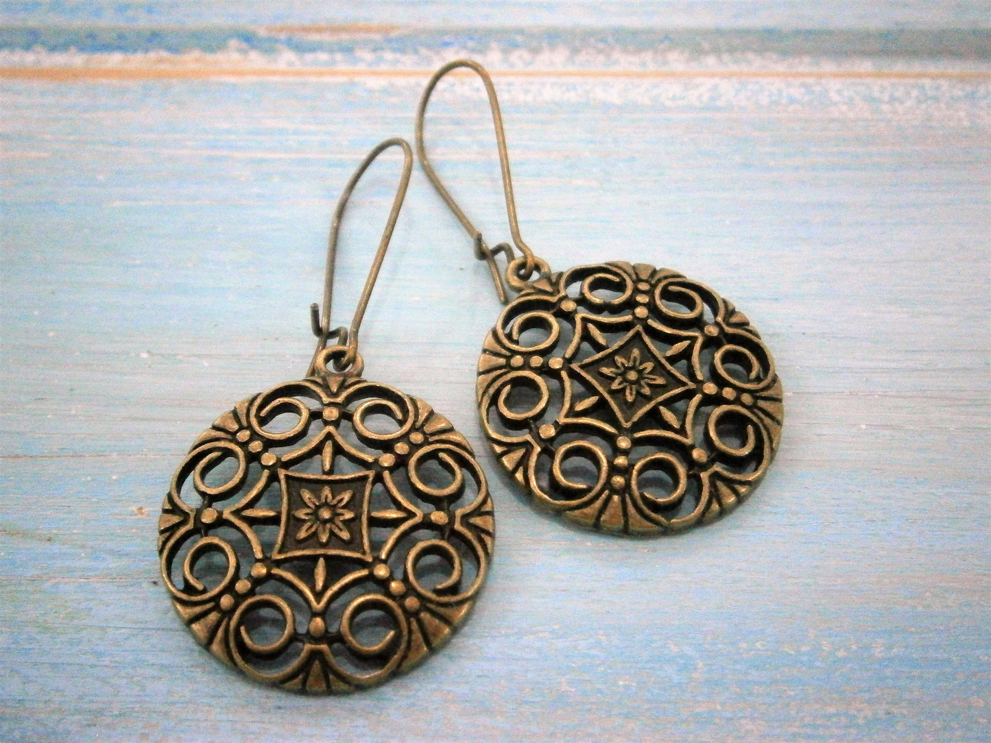 Antique Bronze Filigree Flower Charm on Antique Bronze Kidney Wire Earring Hooks/Dangle Earrings/Boho Earrings/Filigree Earrings