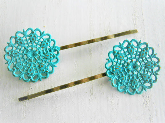 Verdigris/Turquoise Filigree Patina Antique Bronze Bobby Pins Set of Two/Hair Clips/Bohemian Hair Clips/Shabby Chic Hair Clips/Bobby Pins