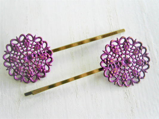 Purple Filigree Patina Antique Bronze Bobby Pins Set of Two/Hair Clips/Bohemian Hair Clips/Shabby Chic Hair Clips/Bobby Pins/Rustic Wedding