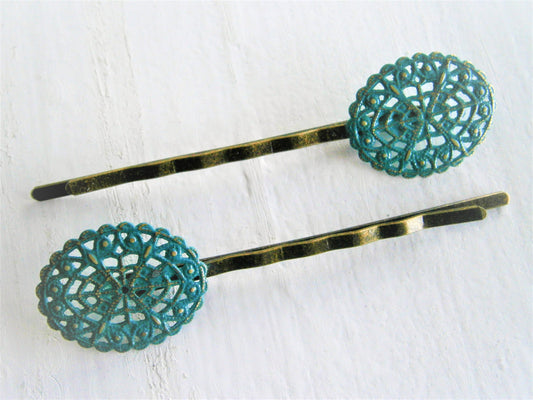 Teal Oval Filigree Patina Antique Bronze Bobby Pins Set of Two/Hair Clips/Bohemian Hair Clips/Shabby Chic Hair Clips/Bobby Pins