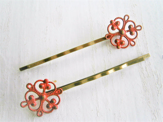 Red Filigree Patina Antique Bronze Bobby Pins Set of Two/Hair Clips/Bohemian Hair Clips/Shabby Chic Hair Clips/Bobby Pins