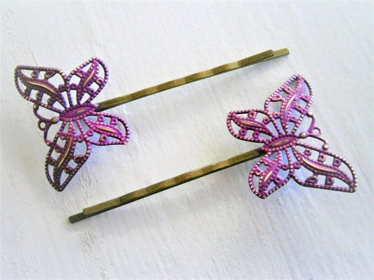 Purple Patina Filigree Butterfly Antique Bronze Bobby Pins Set of 2/Bohemian Hair Clips/Shabby Chic Hair Clips/Rustic Wedding